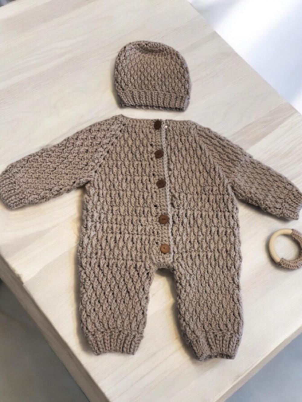 Handmade Baby Crochet Romper Gift Set with Beanie & Crochet Wooden Ring 6-9 Mos.